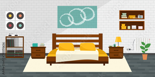 Modern Bedroom with furniture. Flat style vector illustration. Cozy interior. Hotel room.