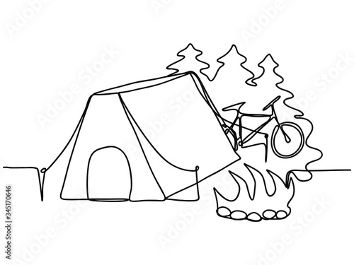 Tent, forest and bike, self-drawing. Travel accessories for camping. Camp vacationers in one whole line. Vector stock illustration of a camp contour. For design, web, decoration and advertising.
