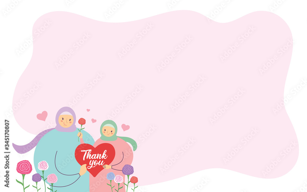 Happy Mother's Day greeting card template or copy space. Muslim mother & daughter holding heart shape 