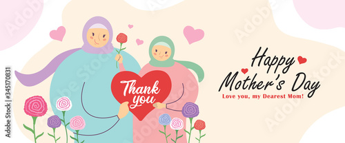 Happy Mother's Day web banner. Hand drawn muslim or malay mother & daughter holding heart shape 