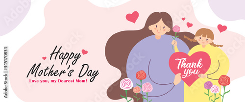 Happy Mother's Day web banner. Hand drawn mother & daughter holding heart shape "thank you" card. Cartoon girl give mom carnation flower. Motherhood flat vector illustration.