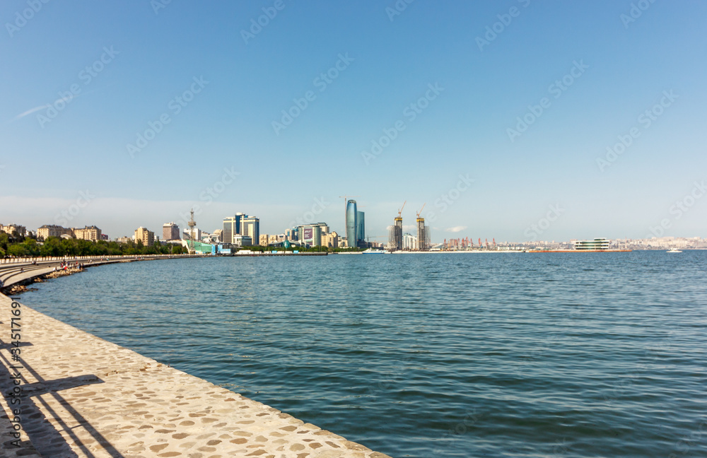 Azerbaijan, Baku, panorama of the city. Tourist places for walking along the shore of the Caspian Sea. The architecture of the old and new city. Without people