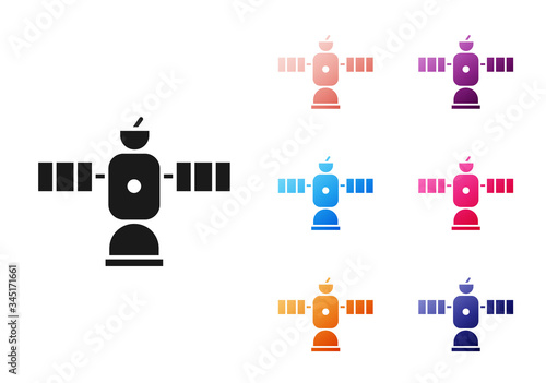 Black Satellite icon isolated on white background. Set icons colorful. Vector Illustration