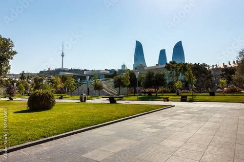 Azerbaijan, Baku, panorama of the city. Tourist places for walking along the shore of the Caspian Sea. The architecture of the old and new city. Without people