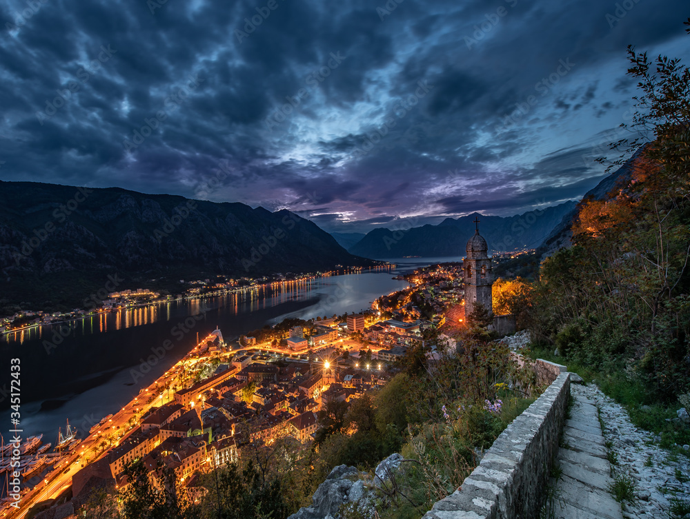 Night view of the city of Kotor and the Bay of Kotor