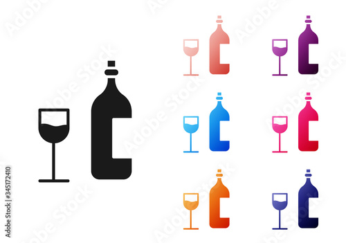 Black Wine bottle with wine glass icon isolated on white background. Happy Easter. Set icons colorful. Vector Illustration