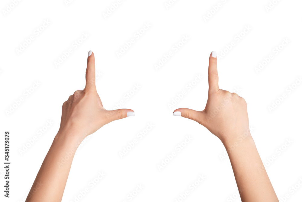 Female hands making frame gesture on white background, closeup. Copy space Female hands making frame gesture on white background, closeup. Copy space