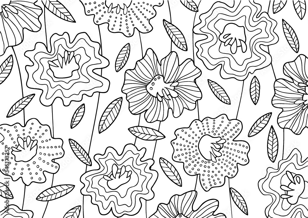 Floral 1 black and white hand draw pictures. Sketch for anti-stress and art therapy coloring book. Vector illustration for coloring page.