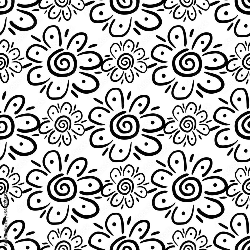 Obraz premium Black cartoon contour flowers isolated on white background. Seamless pattern. Vector graphic illustration. Texture.