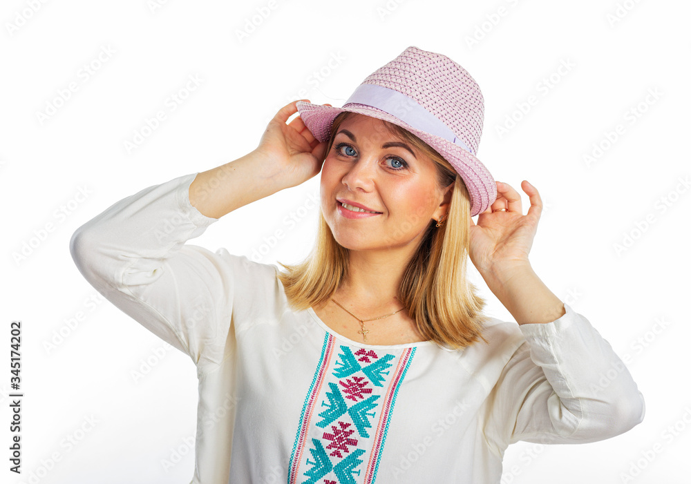 Young woman in a summer hat. Isolated portrait of a beautiful smiling girl Young woman in a summer hat. Isolated portrait of a beautiful smiling girl