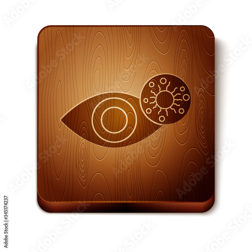 Brown Reddish eye due to virus, bacterial or allergic conjunctivitis icon isolated on white background. Wooden square button. Vector Illustration