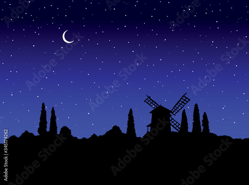 Vector drawing. The outline of the summer landscape with mill