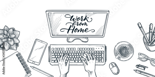 Human hands typing on keyboard, vector sketch top view illustration. Work at home hand drawn calligraphy lettering.
