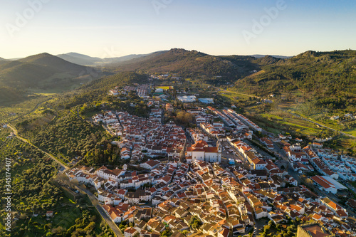 Castelo de Vide drone aerial view in Alentejo, Portugal from Serra de Sao Mamede mountains photo