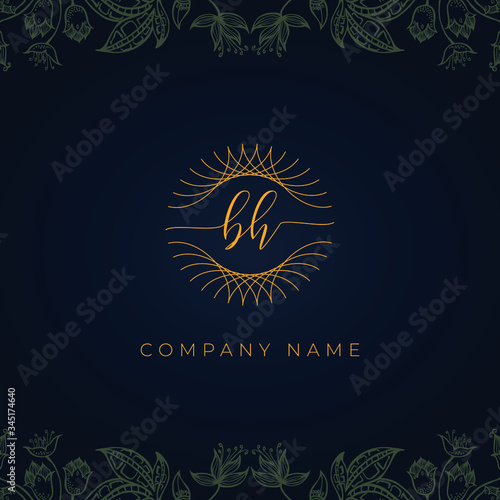 Elegant luxury letter BH logo. This logo icon incorporate with abstract rounded thin geometric shape in floral background. That looks luxurious and royal.