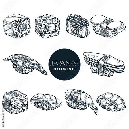 Sushi set, isolated on white background. Rolls with salmon, shrimp, tuna, avocado, rice. Sketch vector illustration.