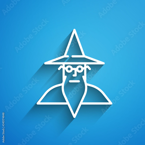 White line Wizard warlock icon isolated on blue background. Long shadow. Vector Illustration