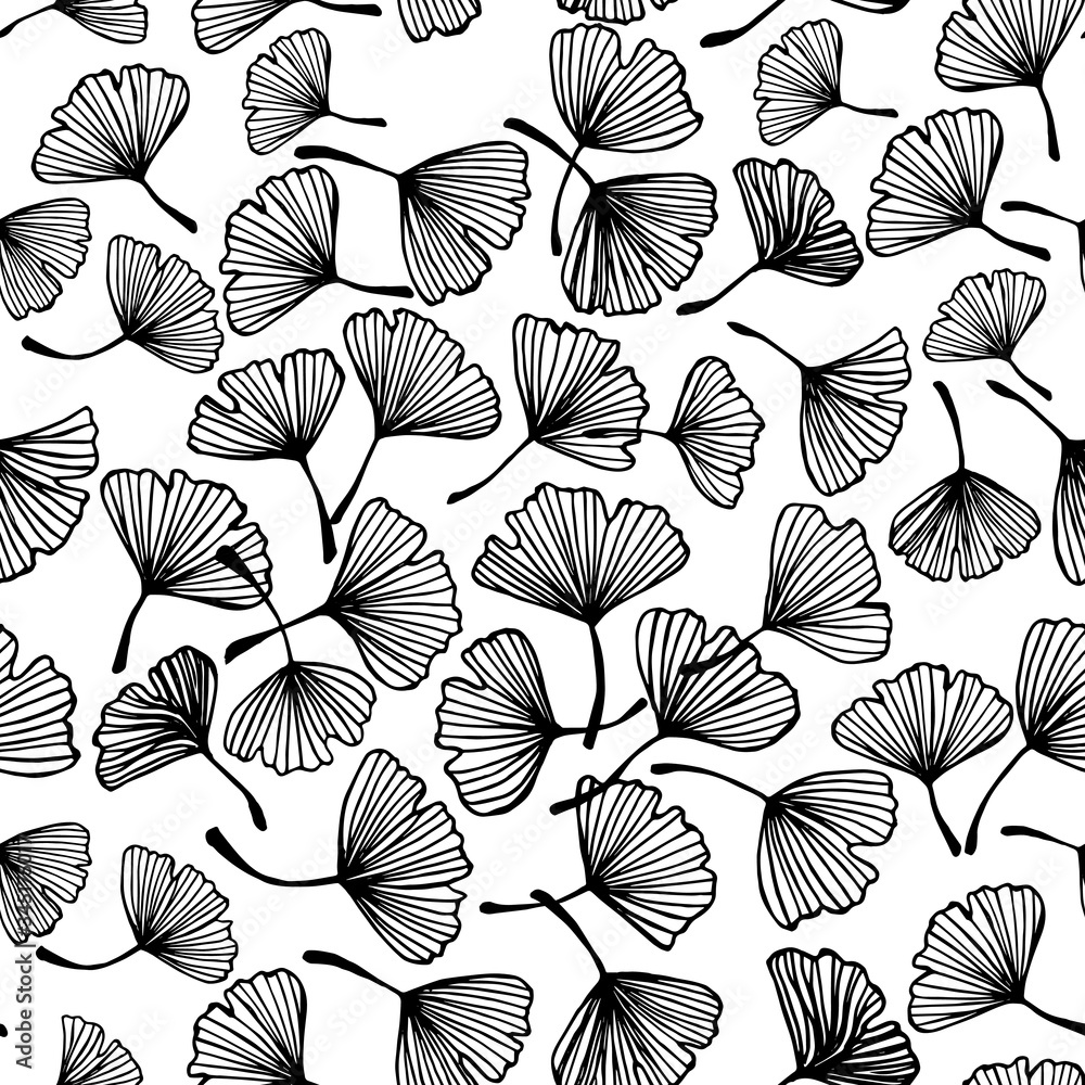 Vector ginko pattern illustration. Ginkgo leaves silhouette background. Floral Japanese outline black and white ornament. Vector seamless pattern.