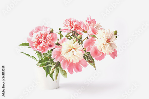 a bouquet of fresh peony flowers on a white background. beautiful pink floral. vase in the form of a tin bucket