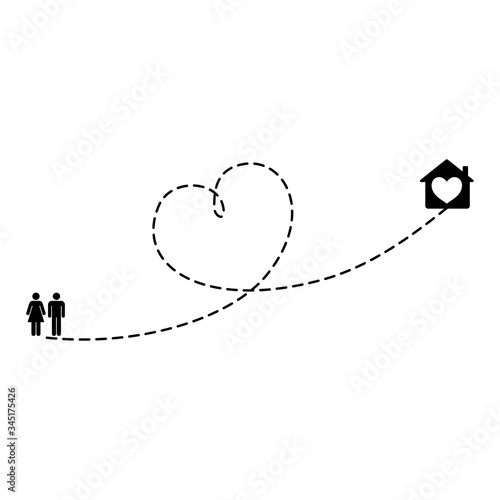 Lovely couple route to home or secret date place. Heart dashed line trace and walking routes isolated on white background. Romantic wedding travel, Honeymoon trip. Hearted path drawing.