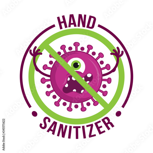 Hand sanitizer - Antiviral antibacterial formula vector icon. Antibacterial soap or antiseptic gel label, toilet bath gel cleaner antibacterial product package seal. Stop coronavirus. Cute cartoon.