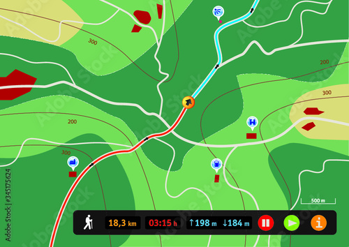 Hiking map app with navigation elements