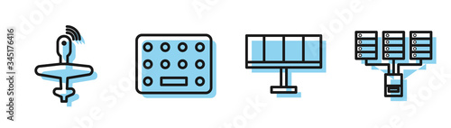 Set line Solar energy panel, UAV Drone, Pills in blister pack and Server, Data, Web Hosting icon. Vector