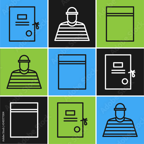 Set line Lawsuit paper, Plastic bag with ziplock and Prisoner icon. Vector
