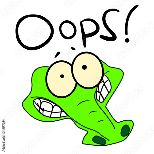 Sticker of a bully crocodile. Illustration in which the character made a mistake. The word "Oops!" handwritten. A crocodile with guilty eyes apologizes. Image for stickers, logo, design, print.