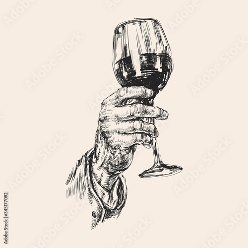 Hand Holds a Wine Glass. Alcoholic Drink. Hand Drawing Vector Illustration