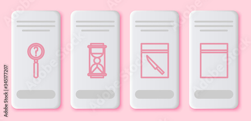 Set line Magnifying glass with search, Old hourglass with sand, Evidence bag and knife and Plastic bag with ziplock. White rectangle button. Vector