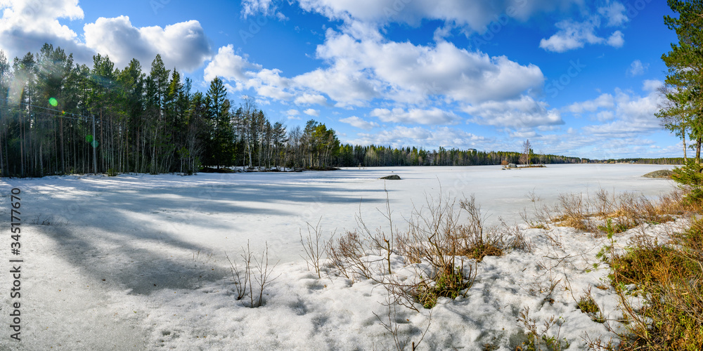 A scenic view of sun lit cloudscape over a frozen lake surrounded by pine tree during the day time in nordic country