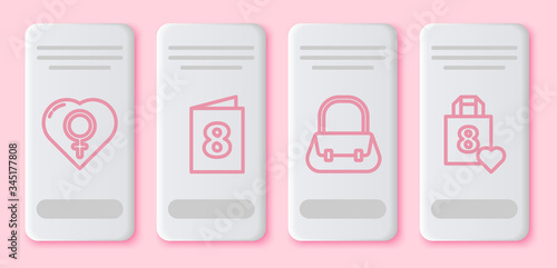 Set line Female gender in heart, Greeting card with 8 March, Handbag and Shopping bag with heart. White rectangle button. Vector