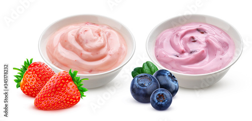 Blueberry and strawberry yogurt in bowl isolated on white background