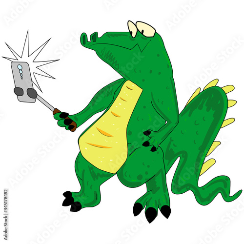 Crocodile blogger taking selfie photo. A cute fat alligator that holds the phone with a selfie stick. Stylized, disproportionate cartoon character. Green crocodile with a smartphone.