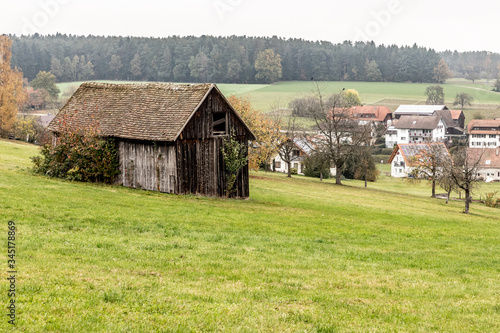 Field, houses and forest around Calw village