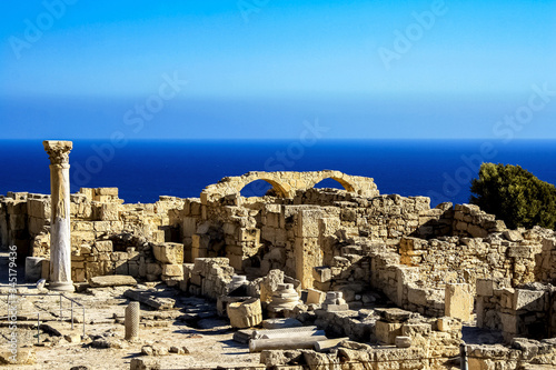 Beautiful scenery of the ruins of arches on a rock by the sea. Ruins by the sea. Kourion, Cyprus