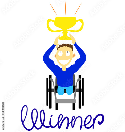 Award-winning para-athlete painted in a flat style. A man without legs with a physique. Puffed up happy man with disabilities. Lettering of the word "Winner". Para-athlete holds the cup in his hands.