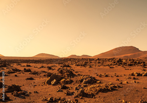 Landscape on planet Mars , desert and mountains on red planet
