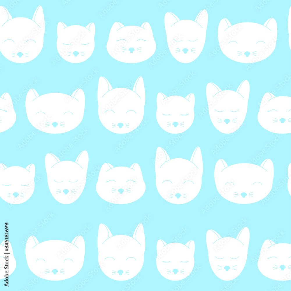 Seamless pattern with cute cat heads. Various white heads on a blue background in a row.