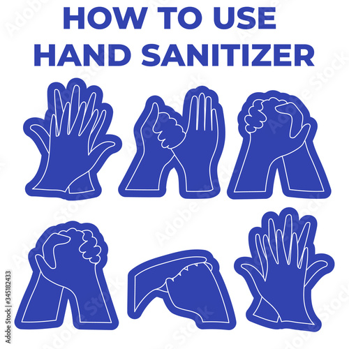 Disinfect hands with alcohol gel. How to use hand sanitizer, personal hygiene, infographic procedure to wash alcohol gel. Clean disease prevention covid-19.