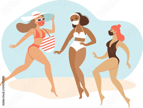 Young girls wearing bikini with matching protective medical masks. Summer vacations 2020 concept