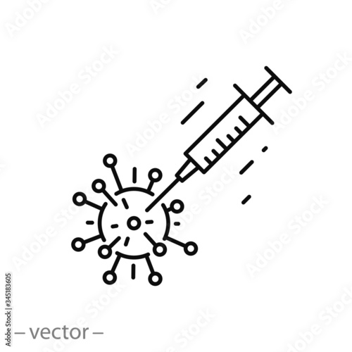 virus vaccine icon, immunization therapy of coronavirus, protect from infection bacteria, thin line web symbol on white background - editable stroke vector illustration eps10