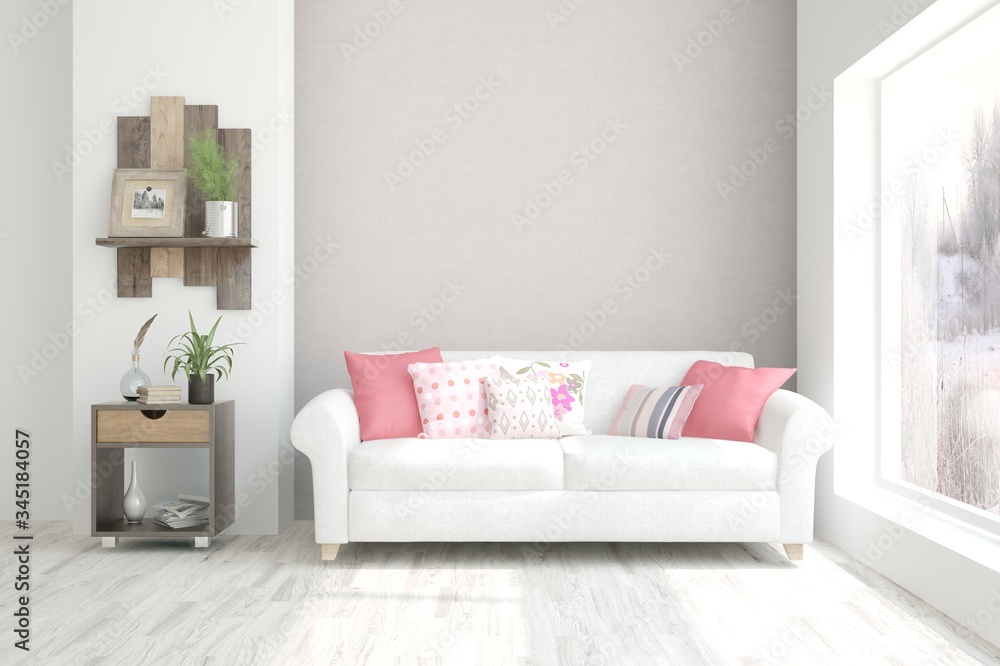 Fototapeta premium White living room with sofa. Scandinavian interior design. 3D illustration