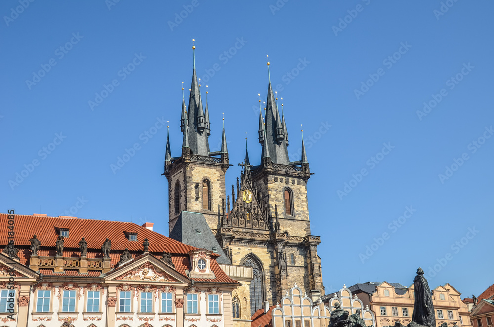 Historical buildings in the old town with the front side of the Church of Our Lady before Tyn in Prague, Czech Republic. Old Town Square in Praha, Czechia. Tourist landmarks. Horizontal photo