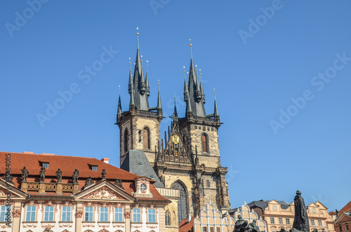 Historical buildings in the old town with the front side of the Church of Our Lady before Tyn in Prague  Czech Republic. Old Town Square in Praha  Czechia. Tourist landmarks. Horizontal photo