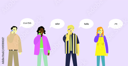 People speak different languages. Japanese, French, English, Hebrew. Vector illustration in cartoon style.