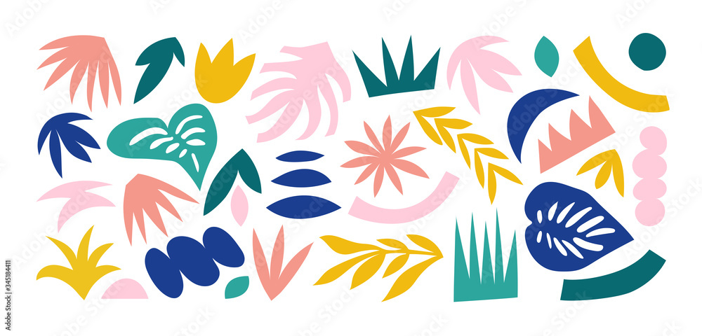 Set of hand drawn shapes and doodle design elements. Exotic jungle leaves, flowers and plants. Abstract contemporary modern trendy vector illustration. Perfect for posters, instagram posts, stickers.