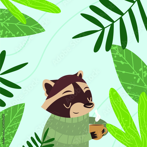 Сute cartoon-style raccoon on a blue background with plants.