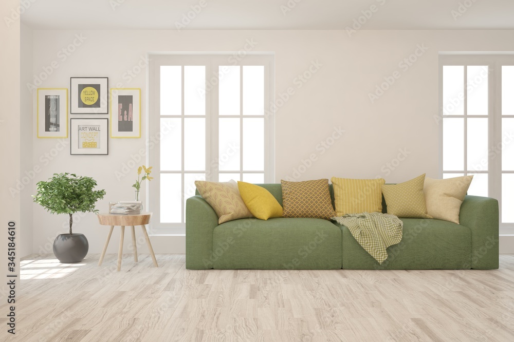 Fototapeta premium White living room with sofa. Scandinavian interior design. 3D illustration